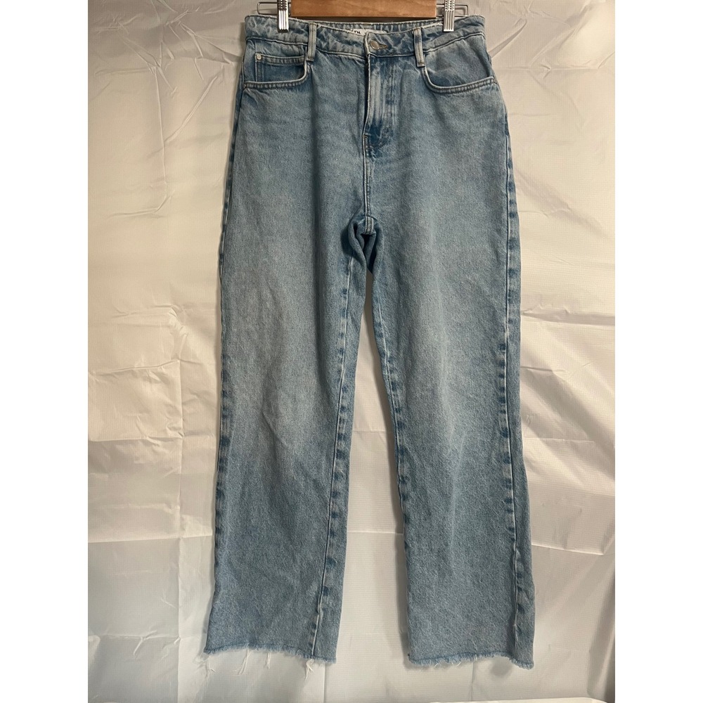 Zara Womens High Rise Straight Leg Light Wash Raw Hem Jeans Size 8 See Meas